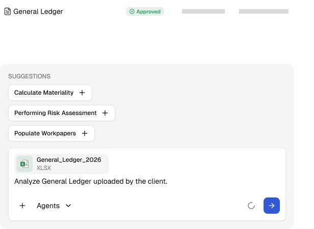 Dashboard panel titled 'Received General Ledger from the Client' with an Excel file named general-ledger_Q26 and buttons labeled Calculate Materiality, Performing Risk Assessment, Scope Relevant FSLI, and Populate Workpapers.