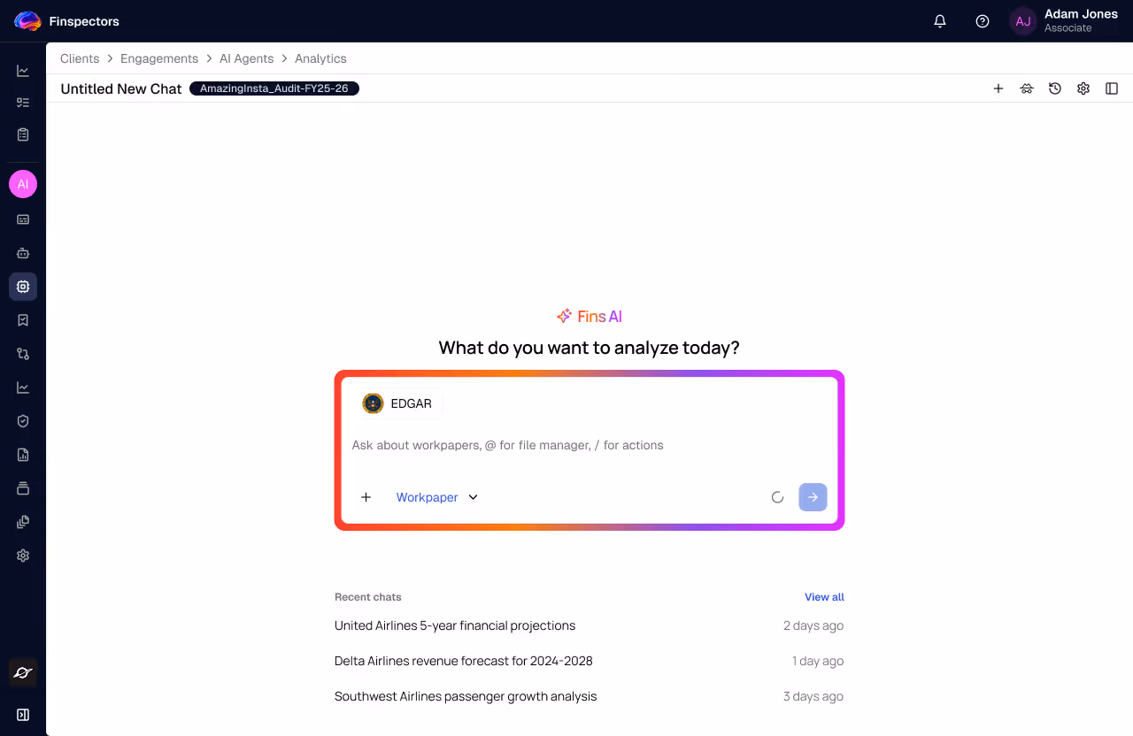 Finspectors AI chat interface asking 'What do you want to analyze today?' with EDGAR selected for workpapers.