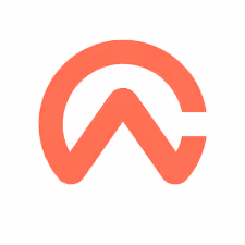 Minimalist red abstract logo with a circular arc and a central upward chevron shape.