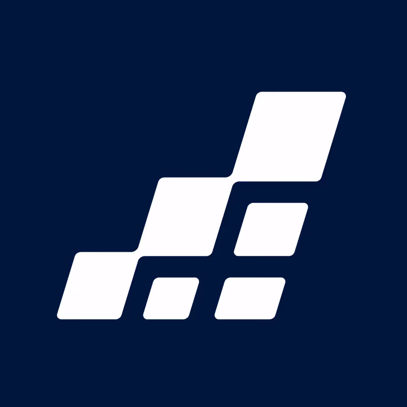 White geometric shape consisting of seven parallelograms on a dark blue background.