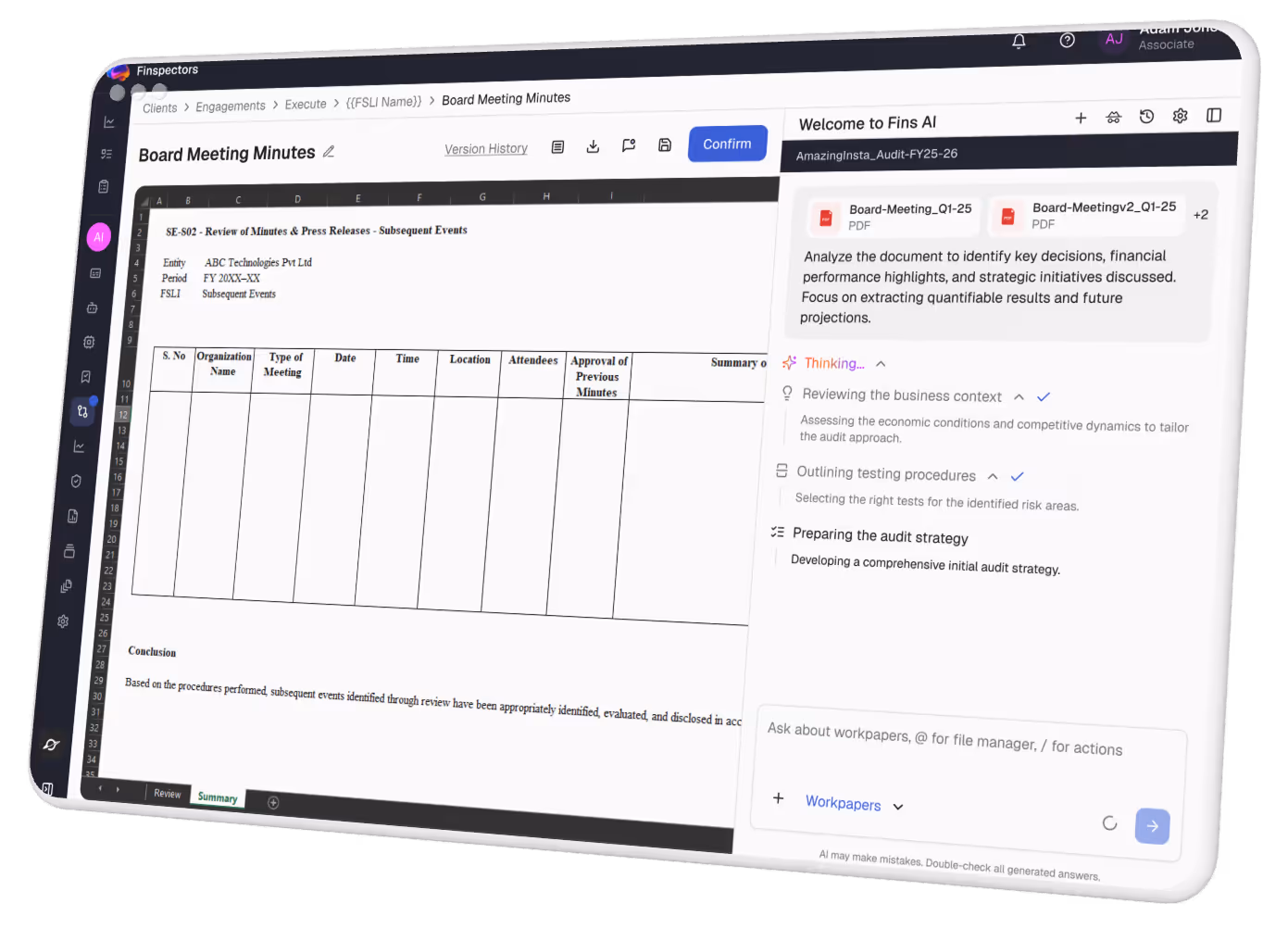 Finspectors.ai chat interface with a prompt to prepare a gross margin comparison for top 5 airline companies using EDGAR data, featuring a generate button and recent tasks list.