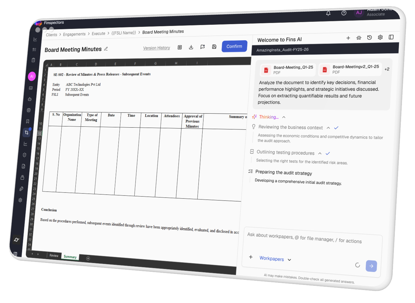 Finspectors.ai chat interface with a prompt to prepare a gross margin comparison for top 5 airline companies using EDGAR data, featuring a generate button and recent tasks list.