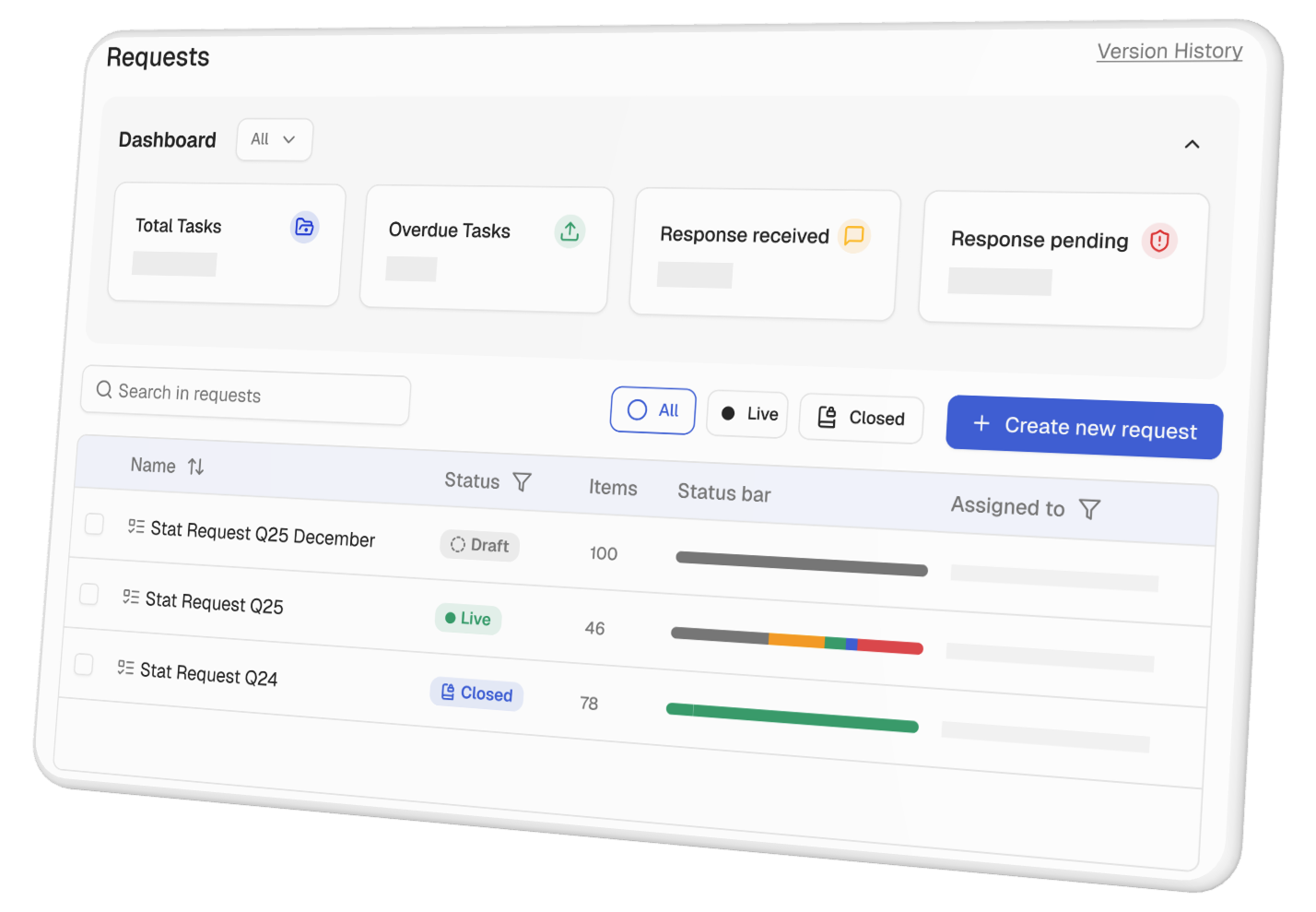 Dashboard interface of Finspectors.ai showing requests with status filters, task summaries, and a list of stat requests with statuses draft, live, and closed.
