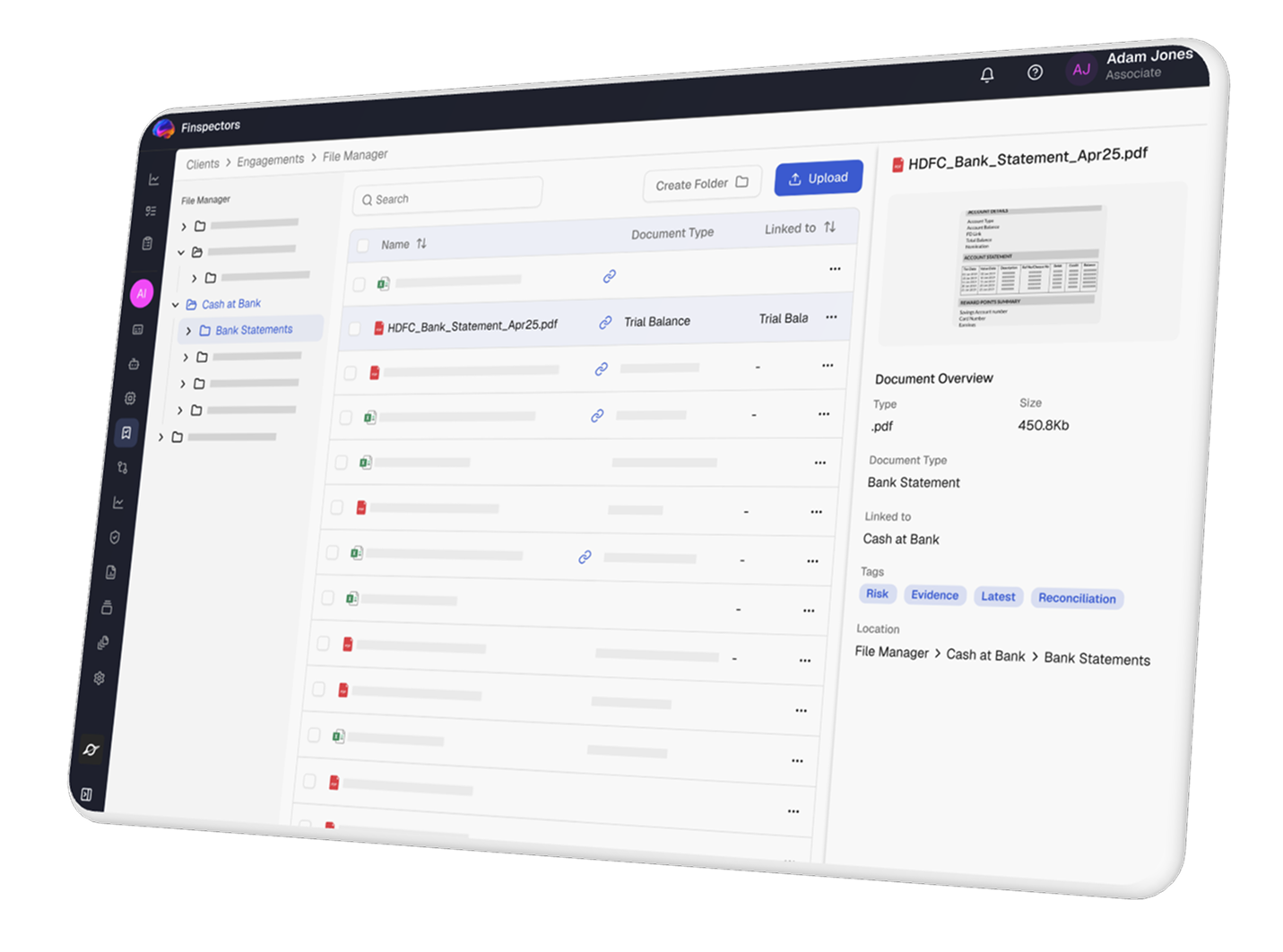 File manager interface showing folders for Root, General Ledger, Cash at Bank, with Bank Statements folder open. File list includes Excel and PDF documents with types like Trial Balance and General Ledger. Preview panel displays details for HDFC_Bank_Statement_Apr25.pdf including file type, size, tags, approvals, and upload info.