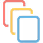 Four overlapping squares in blue, pink, orange, and red with rounded corners on white background.
