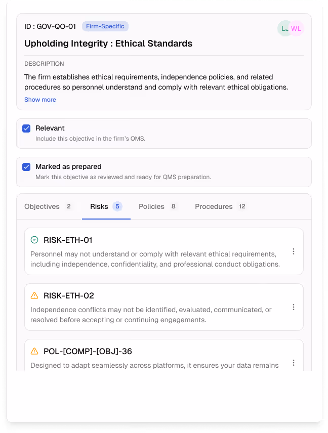 Screen showing ethical standards objectives, risks, policies, and procedures with firm-specific integrity details.