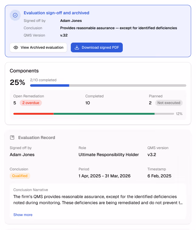 QMS evaluation shows 25% components completed with 2 overdue remediation tasks and sign-off by Adam Jones.