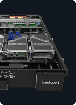 Close-up of server hardware components featuring Iceotope liquid cooling technology with visible circuit boards and connections.