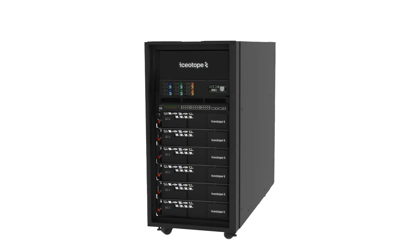 Black Iceotope server rack with multiple modules and the Iceotope logo on top and on each module.