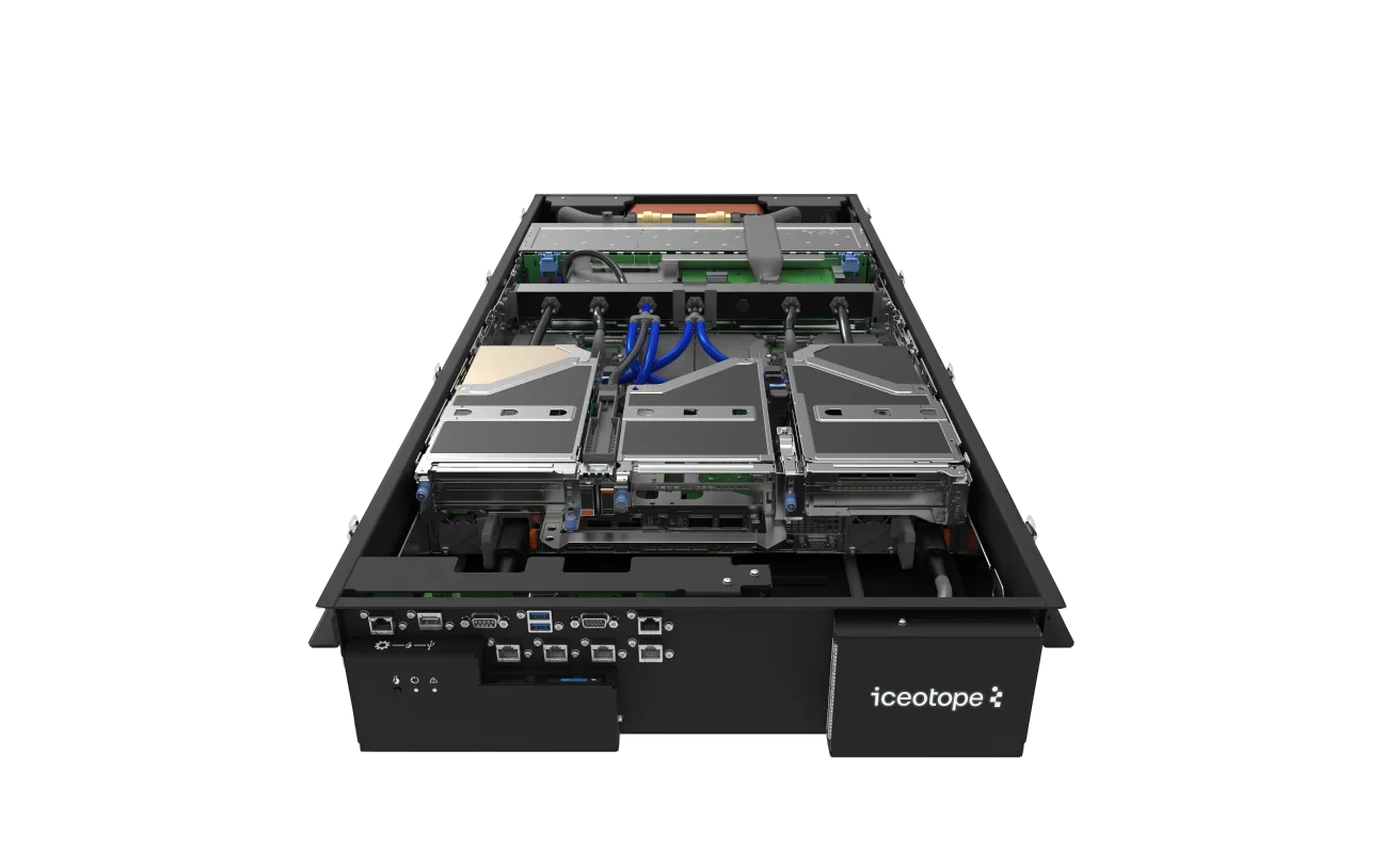 Open rack server with internal components including three large circuit boards connected by blue cables, with multiple ports on the front panel labeled iceotope.