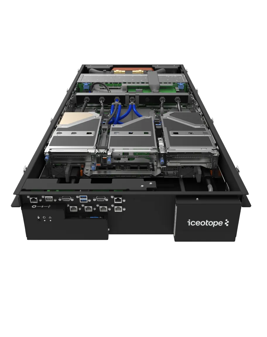 Open server chassis showing three connected computing modules with cables and multiple ports on front panel labeled iceotope.