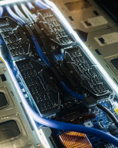 Close-up of computer hardware components with cables connected inside a metallic casing.