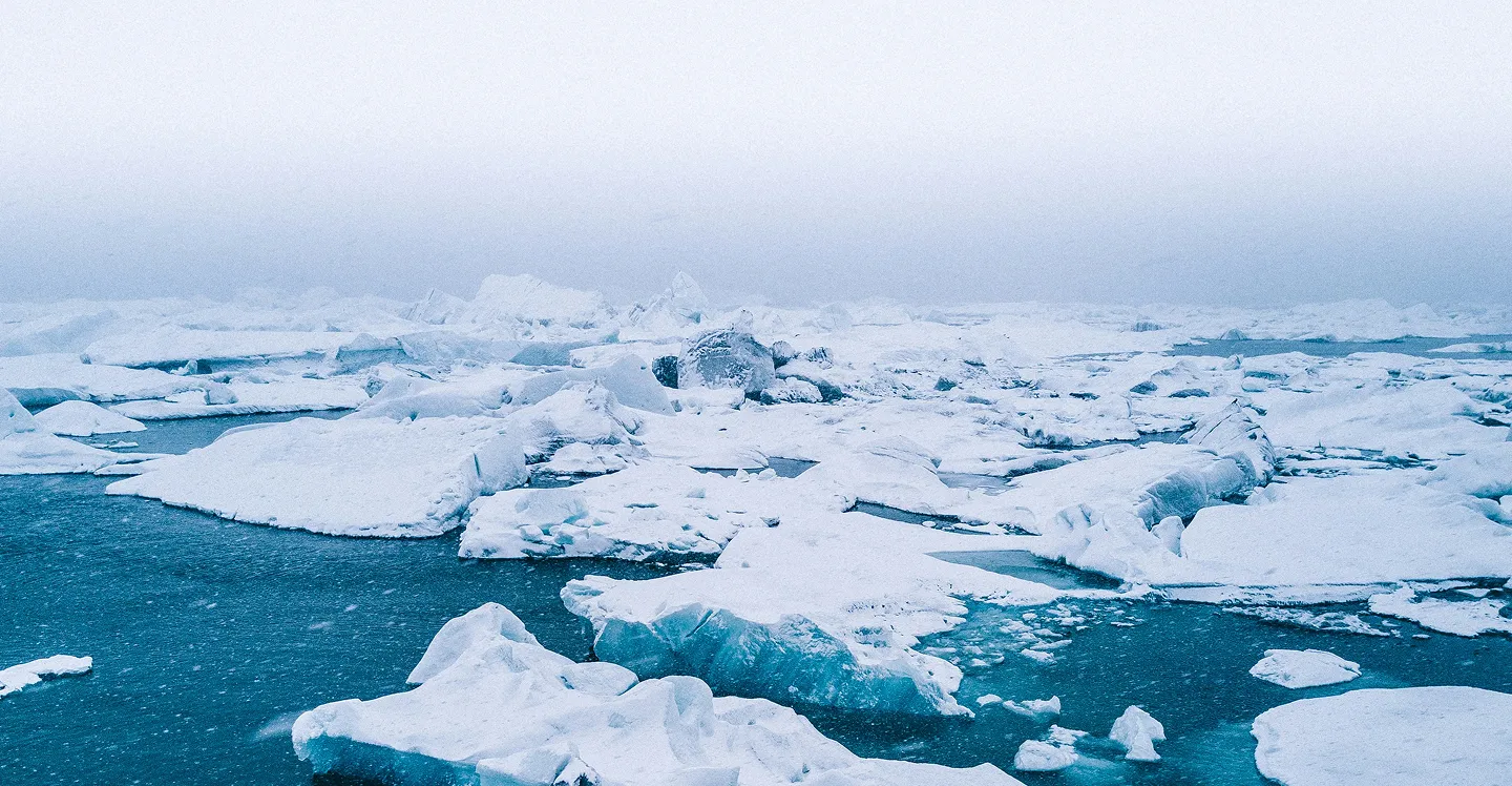 Expansive icy glacier landscape with floating ice chunks on cold blue water under a gray sky.