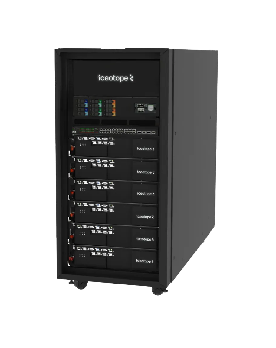 Black server rack with multiple Iceotope branded units and network ports on wheels.