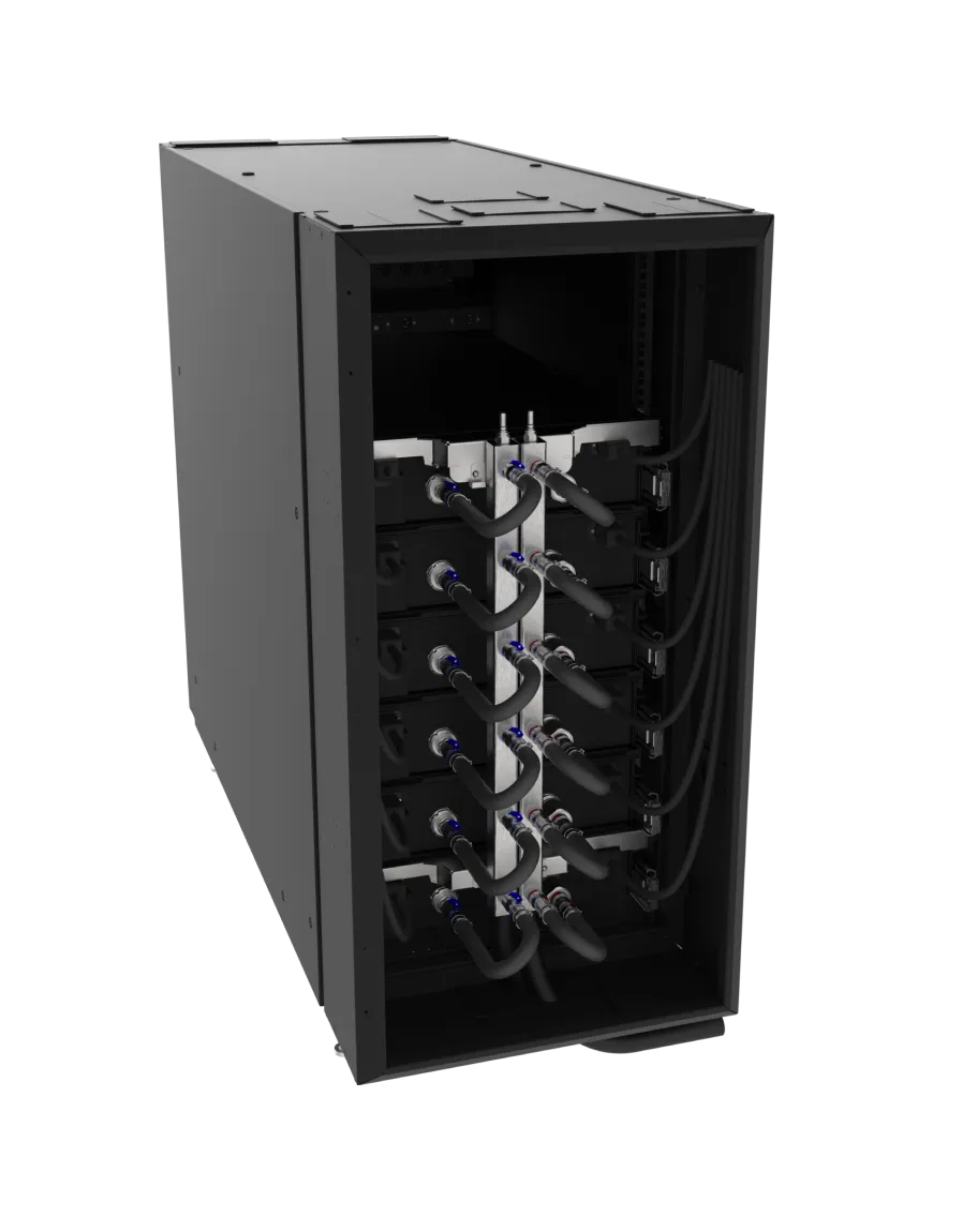Black server rack with multiple connected cables and hardware components inside.