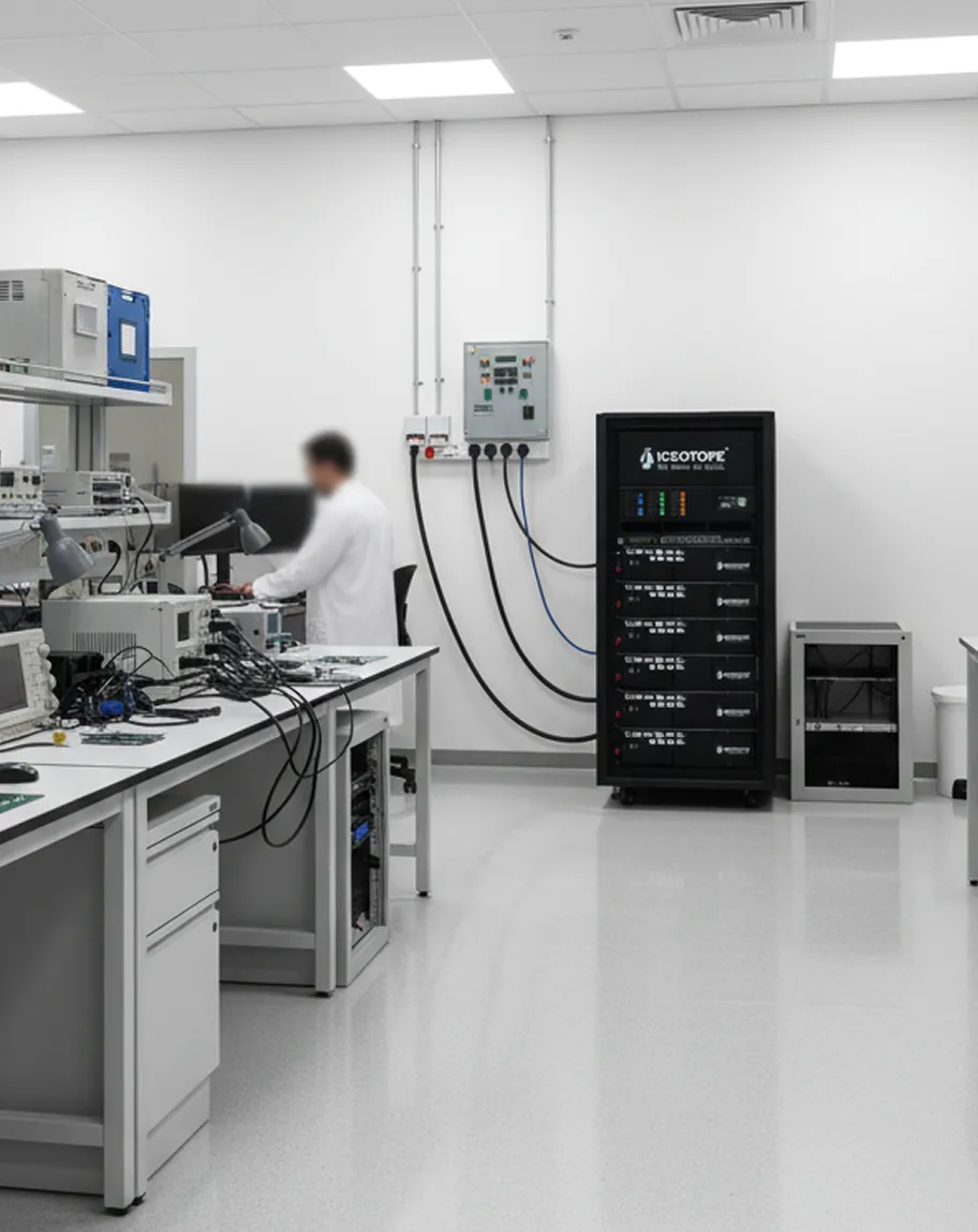 Laboratory with electronic equipment and a person in a white lab coat working at a desk, with an Isotope-branded equipment rack against the wall.
