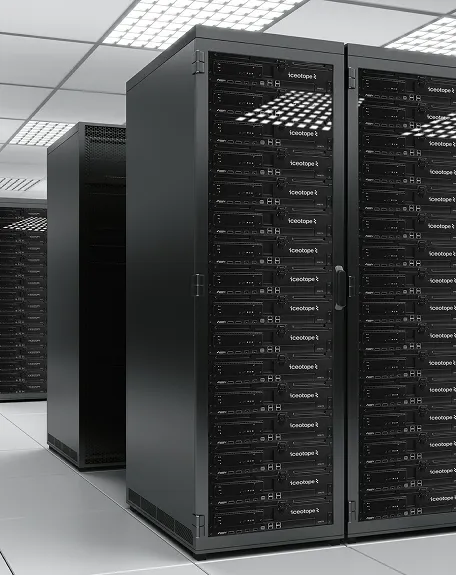 Rows of black server racks in a data center with bright ceiling lights reflecting off the equipment.