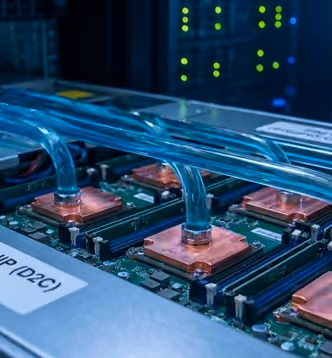 Close-up of computer hardware with cooling tubes connected to copper heat sinks on a circuit board.