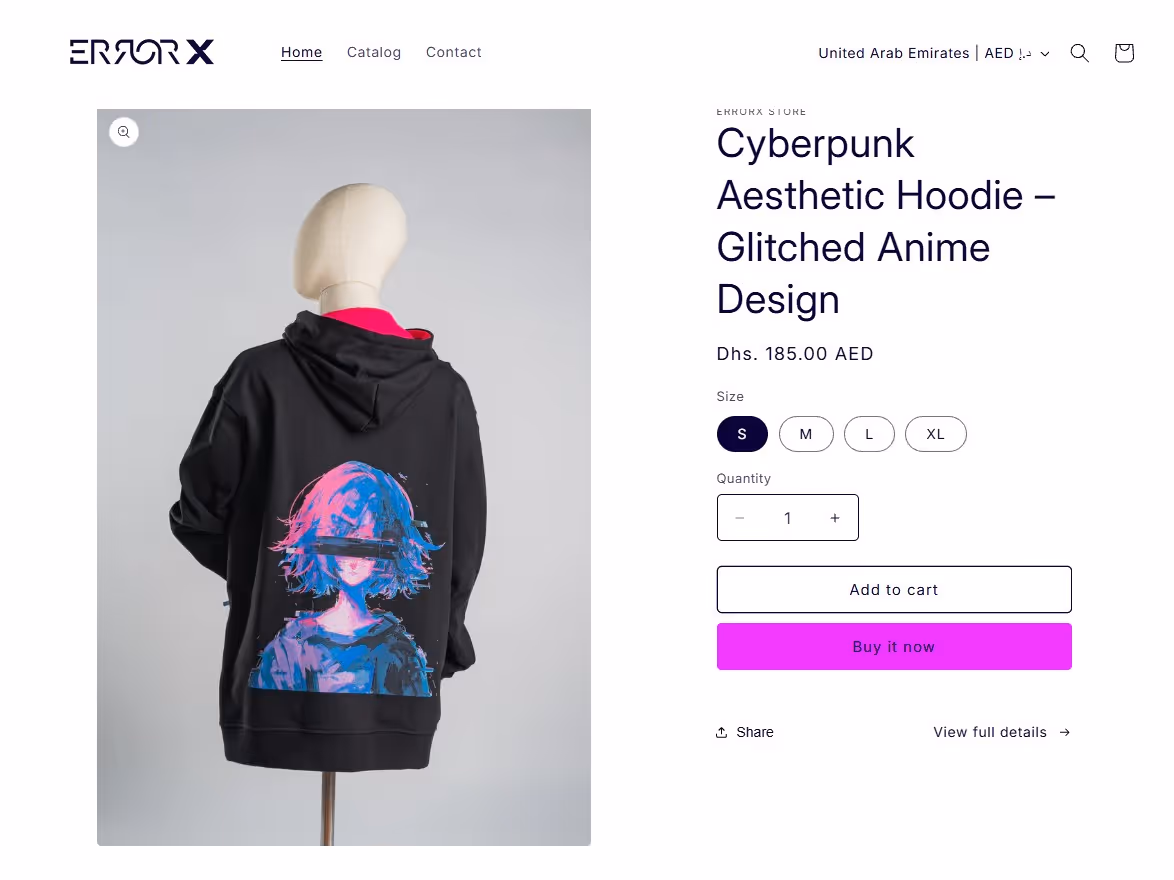 Black hoodie on a mannequin with a glitch-style anime girl graphic in pink and blue on the back.