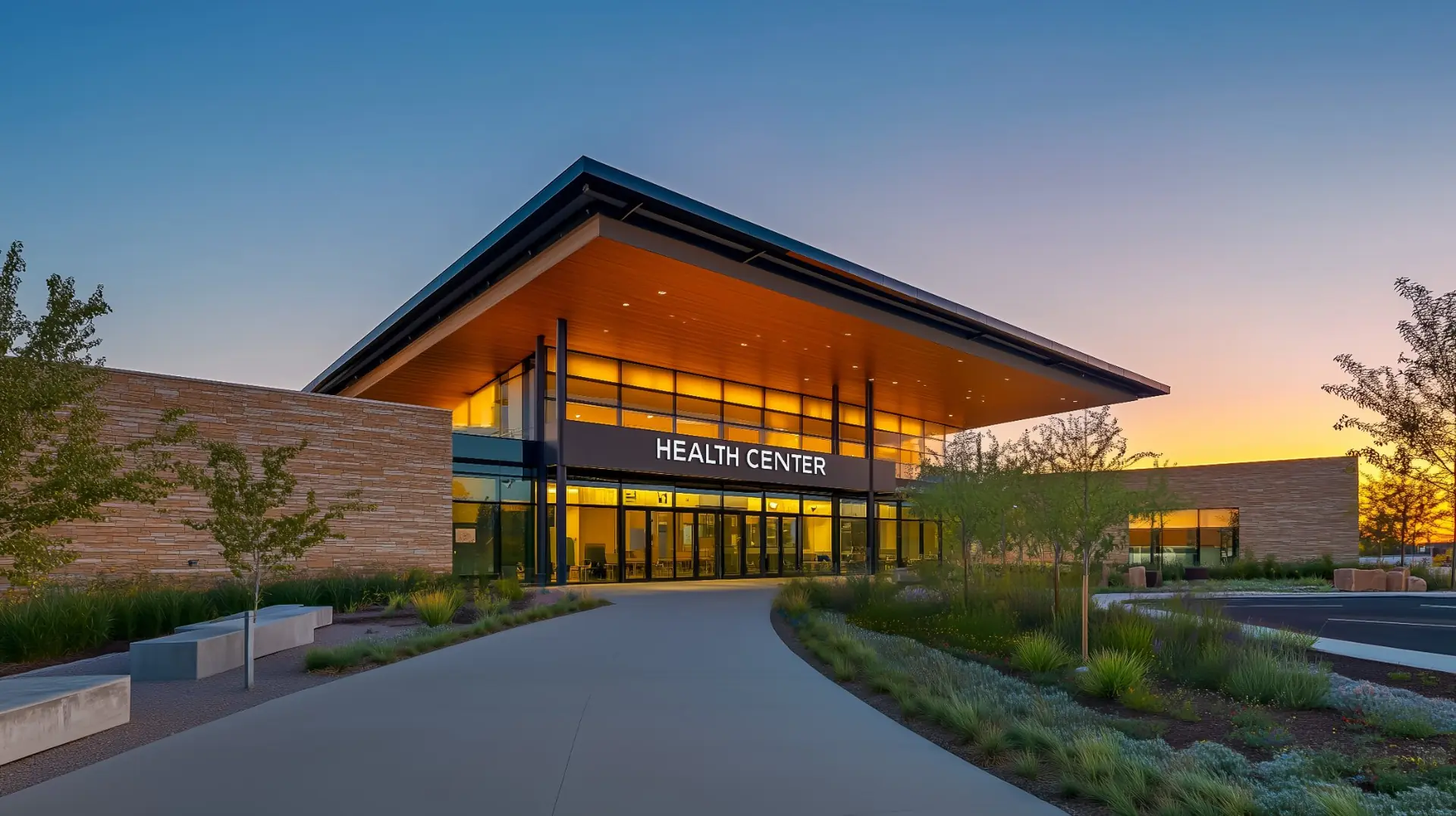 Modern health center building illuminated at sunset with landscaped greenery and a clear walkway.