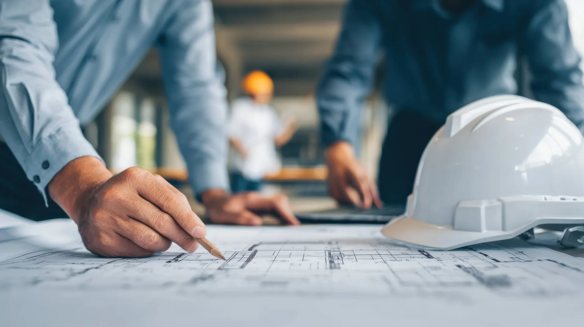Engineers reviewing and marking architectural blueprints on a table with a white safety helmet nearby and a worker in a hard hat in the background.