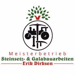 Logo mit grünem Baum und rotem W in einem schwarzen Kreis, Text: Meisterbetrieb Steinsatz- & Galabauarbeiten Erik Dirksen.