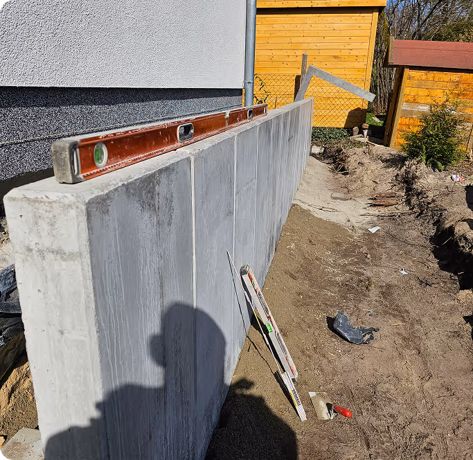 Eine Baustelle mit einer frischen Betonwand, darauf liegt eine Wasserwaage, daneben Werkzeuge und Erde.