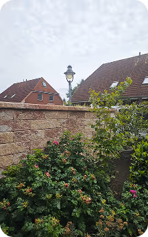 Garten mit blühenden Sträuchern vor einer Steinmauer, dahinter Häuser mit schrägen Dächern und eine Straßenlaterne.