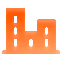 Orange factory icon with six vertical black windows on a white background.