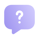 Purple speech bubble with a black question mark inside.