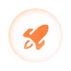 Orange rocket icon inside a glowing circular button with soft gradient background.