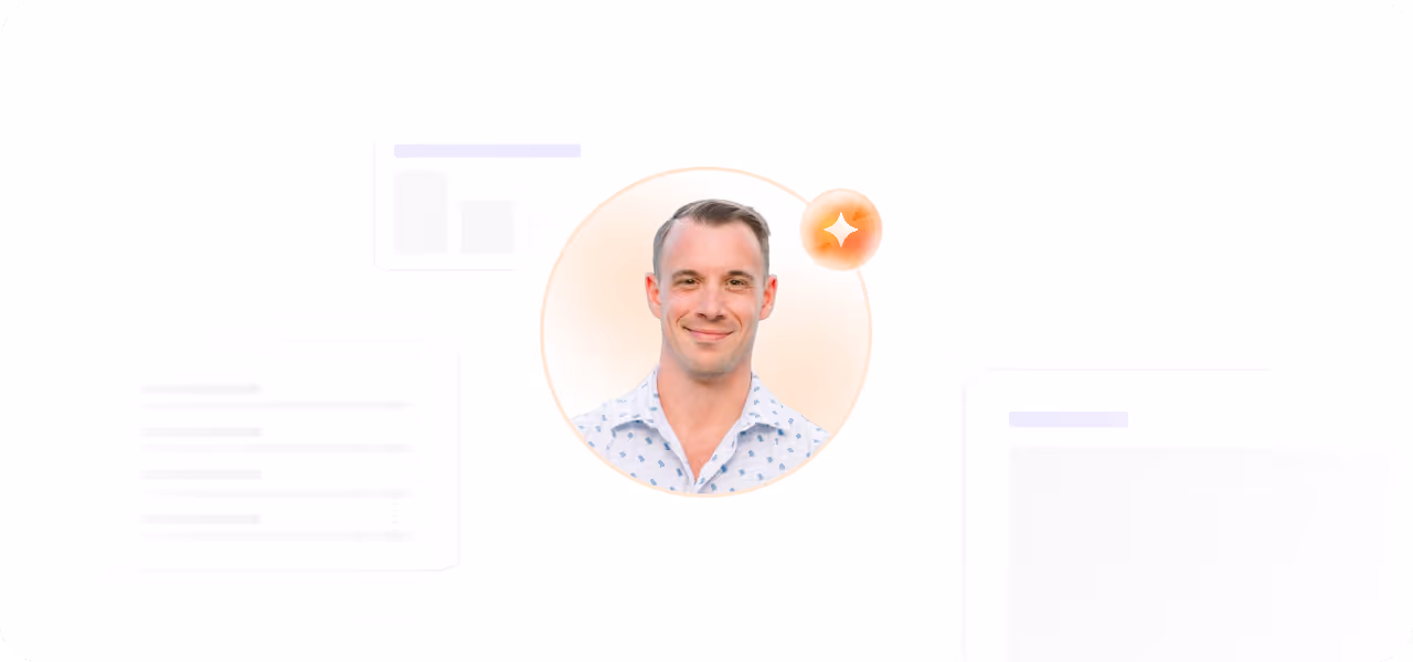 Smiling man with short hair in a patterned white shirt inside a glowing circle with a sparkle icon on the upper right.