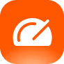 Speedometer icon with needle pointing to the right on an orange square background.