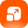 Black icon of two overlapping squares with an arrow pointing diagonally upward to the right on an orange rounded square background.