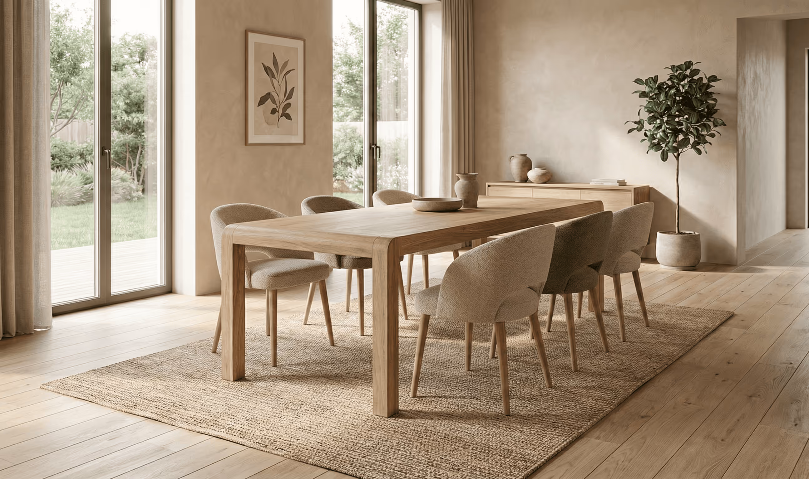 Massief houten eettafel met zes beige stoelen in een lichte, Japandi-stijl eetkamer met veel natuurlijk licht en rustige aardetinten.