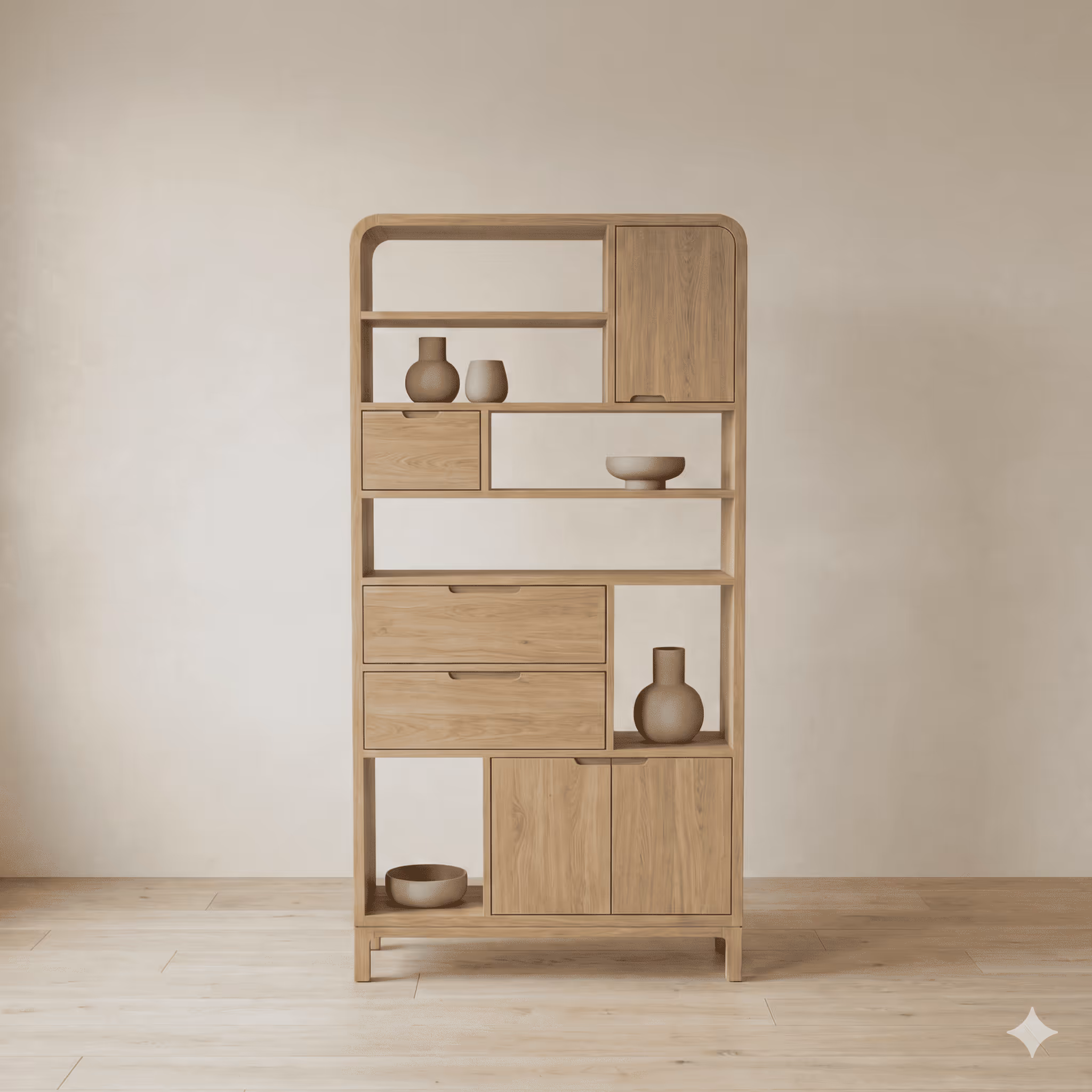 Houten boekenkast met open vakken, lades en kastdeuren in een rustige Japandi-stijl, geplaatst tegen een lichte muur met minimalistische keramische decoratie.