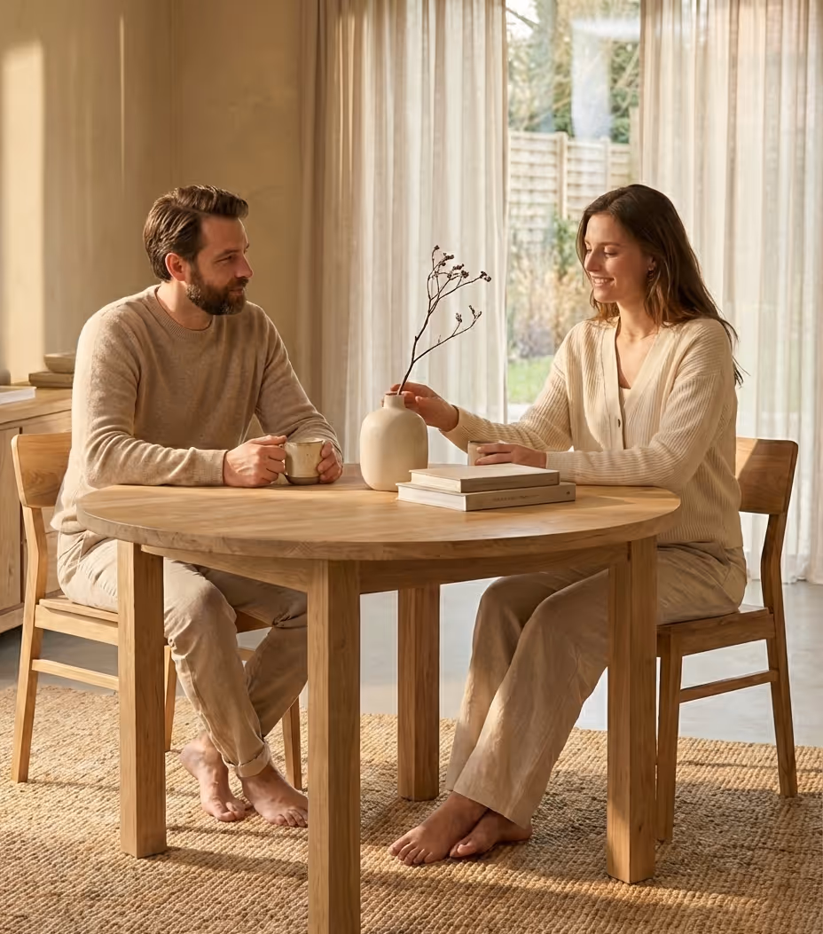 Koppel zit aan een ronde houten tafel in een lichte Japandi-woonkamer met natuurlijke materialen, zacht daglicht en rustige aardetinten.