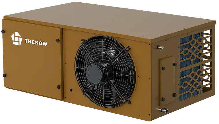 Rectangular brown outdoor air conditioning unit with a large black protective fan grill and a decorative metal grille on one side, labeled THENOW.