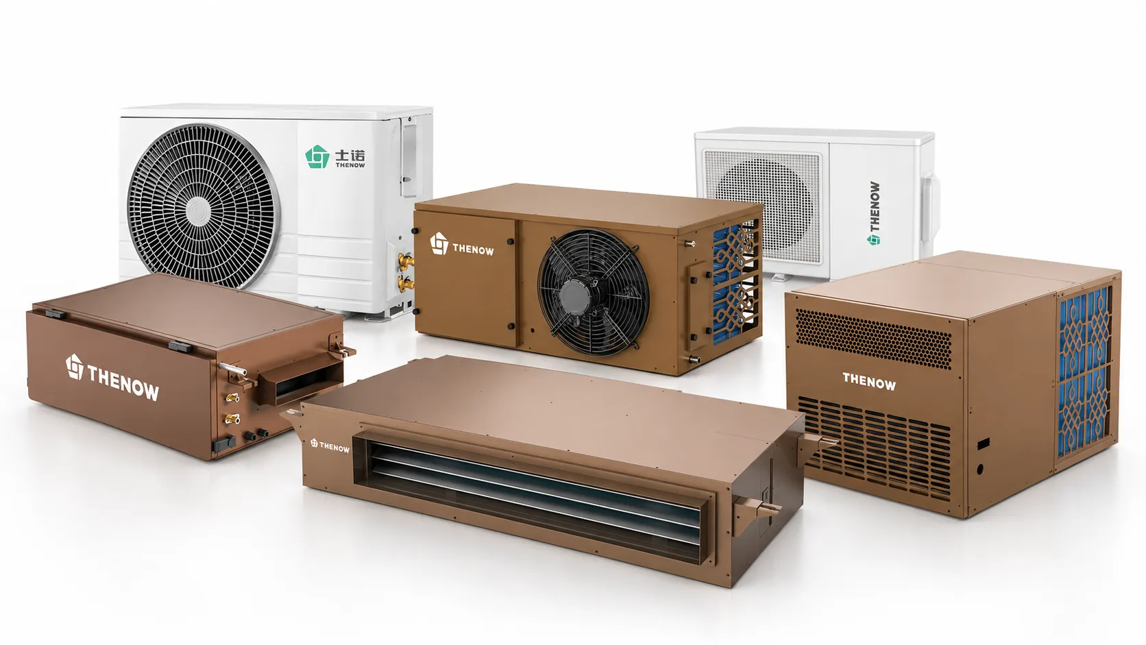 The full THENOW wine cellar cooling range: ducted, ducted split, ductless split and through-the-wall units with outdoor condensers