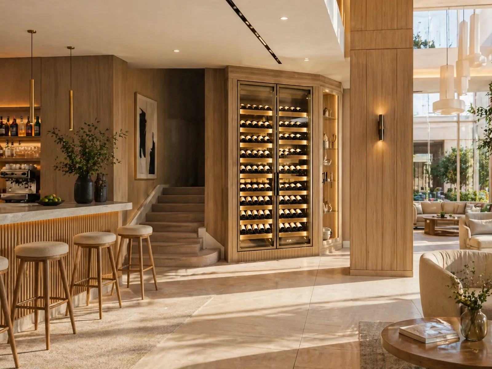 Light oak two-door wine cabinet in a hotel lounge bar, backlit and fully stocked