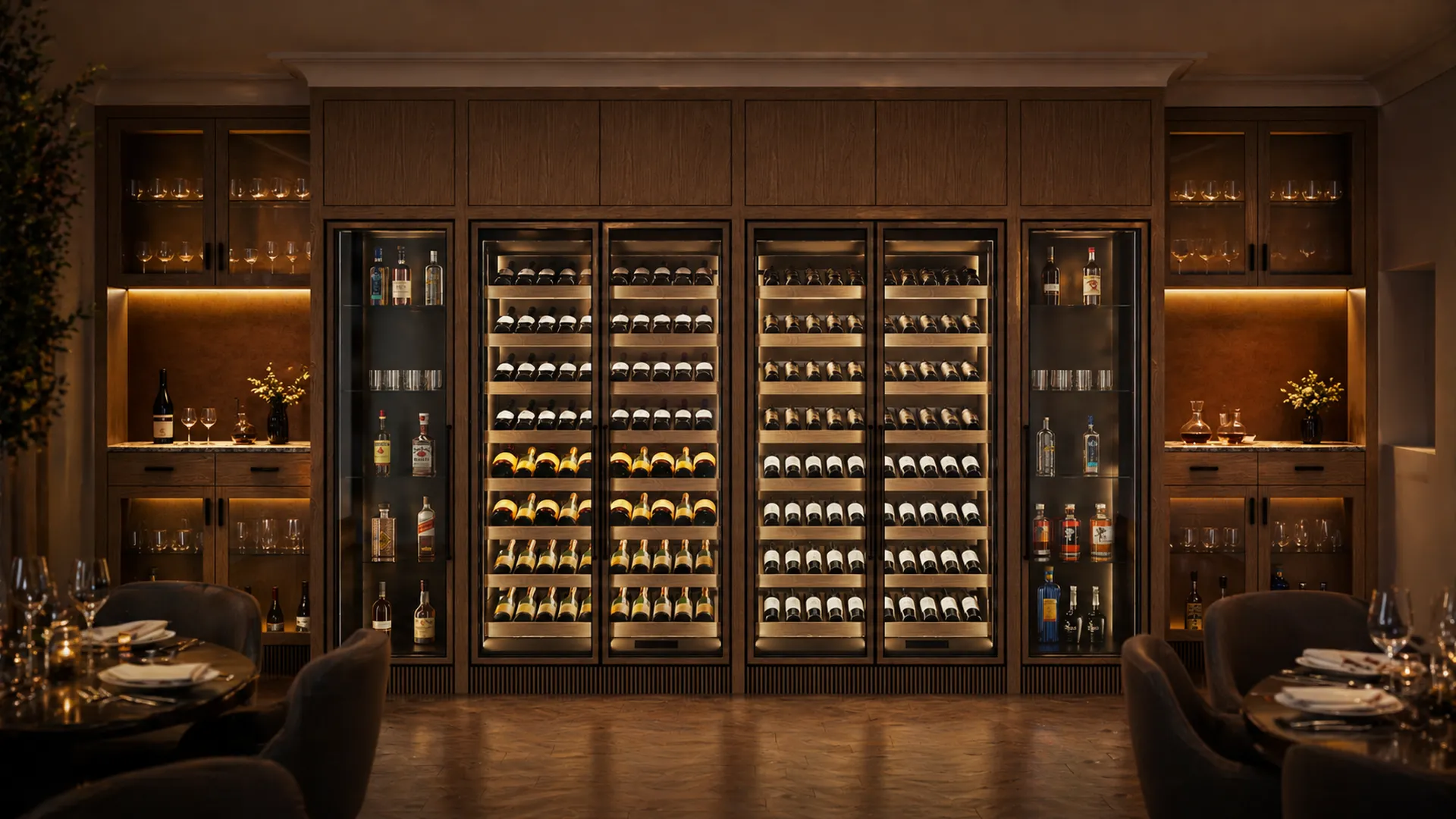 Bank of dark brown wine and spirits cabinets forming the back wall of a restaurant dining room