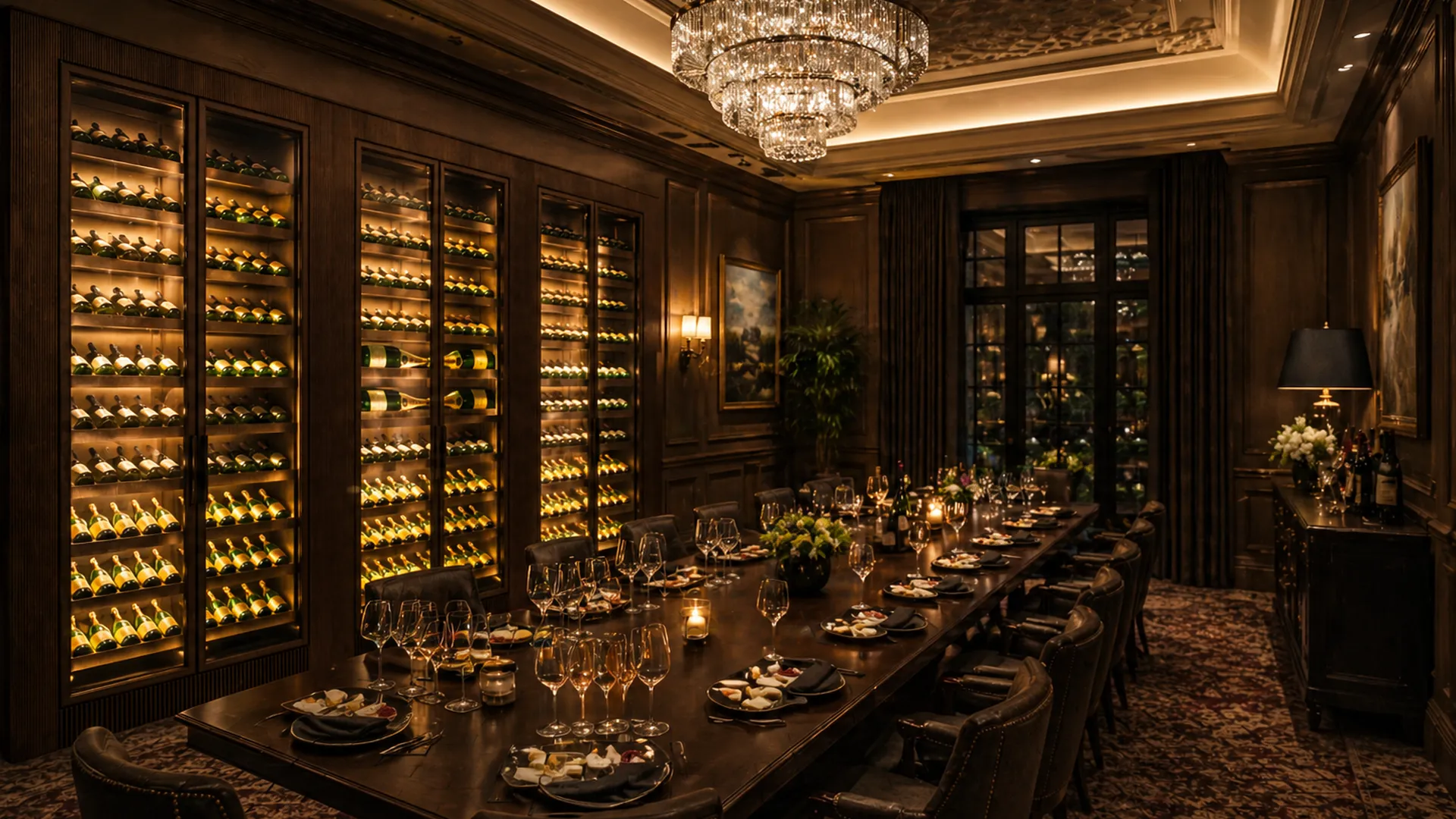 Private dining room with floor-to-ceiling illuminated wine cabinets flanking a long table set for sixteen