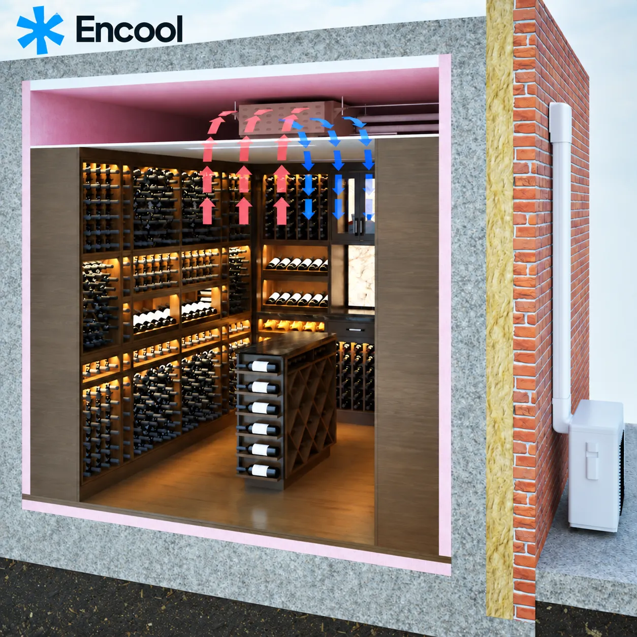 Cutaway of an insulated wine room with a ducted split unit concealed in the ceiling void, showing supply and return air paths, the wall build-up and the outdoor condenser