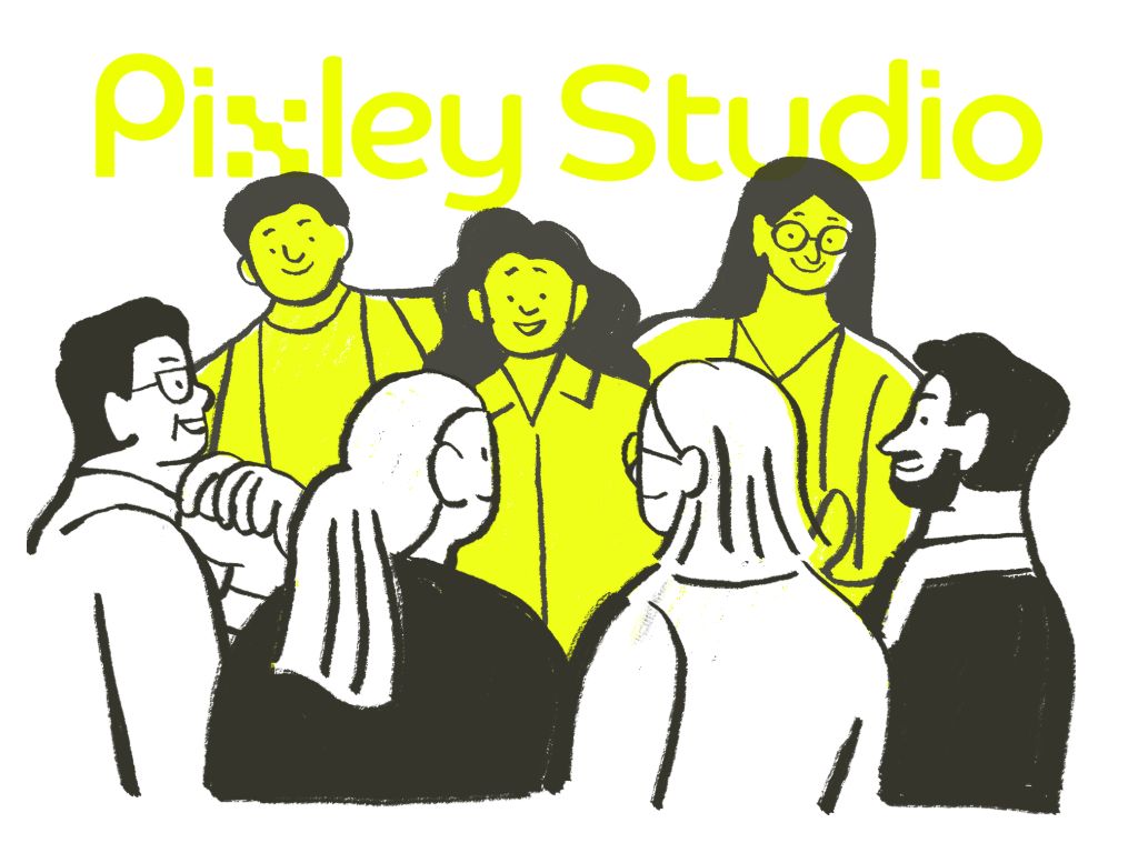 Illustrazione di sette persone che conversano in cerchio, tre di loro evidenziate in giallo, con il testo 'Pixley Studio' sopra.