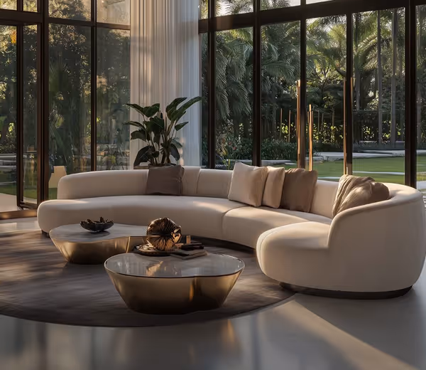 Modern living room with curved beige sofa, round coffee tables, and large windows showing a garden.