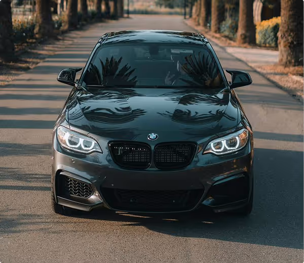 Black BMW car with headlights on parked on a tree-lined road in daylight.
