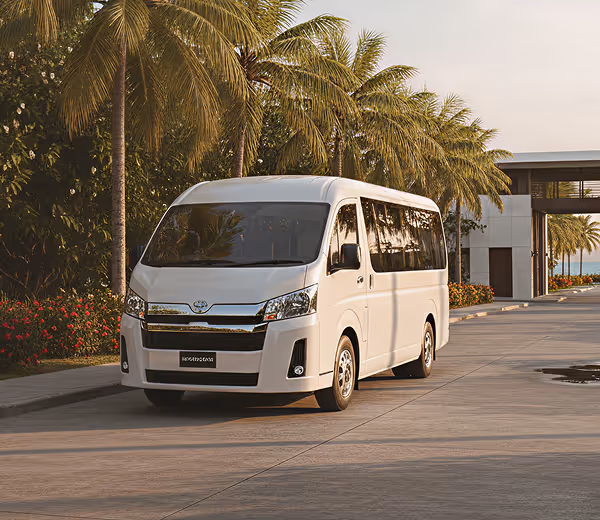 White passenger van parked on a road lined with palm trees near a modern building.
