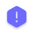 Violettes Hexagon-Icon mit weißem Ausrufezeichen in der Mitte als Hinweis- oder Warnsymbol.