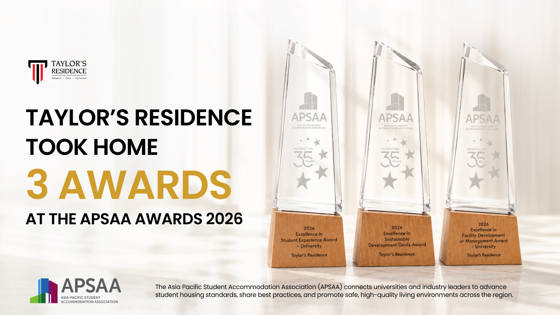 Taylor's Residence took home 3 Awards at the APSAA Awards 2026