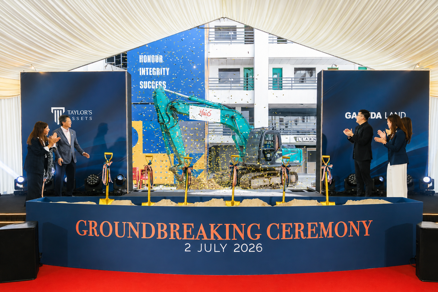 Senior executives from Taylor's Education Group, Taylor's Assets, and Gamuda Land witnessing the ceremonial groundbreaking as an excavator officially begins work on the redevelopment of the former Taylor's College Subang Jaya (SS15) campus.
